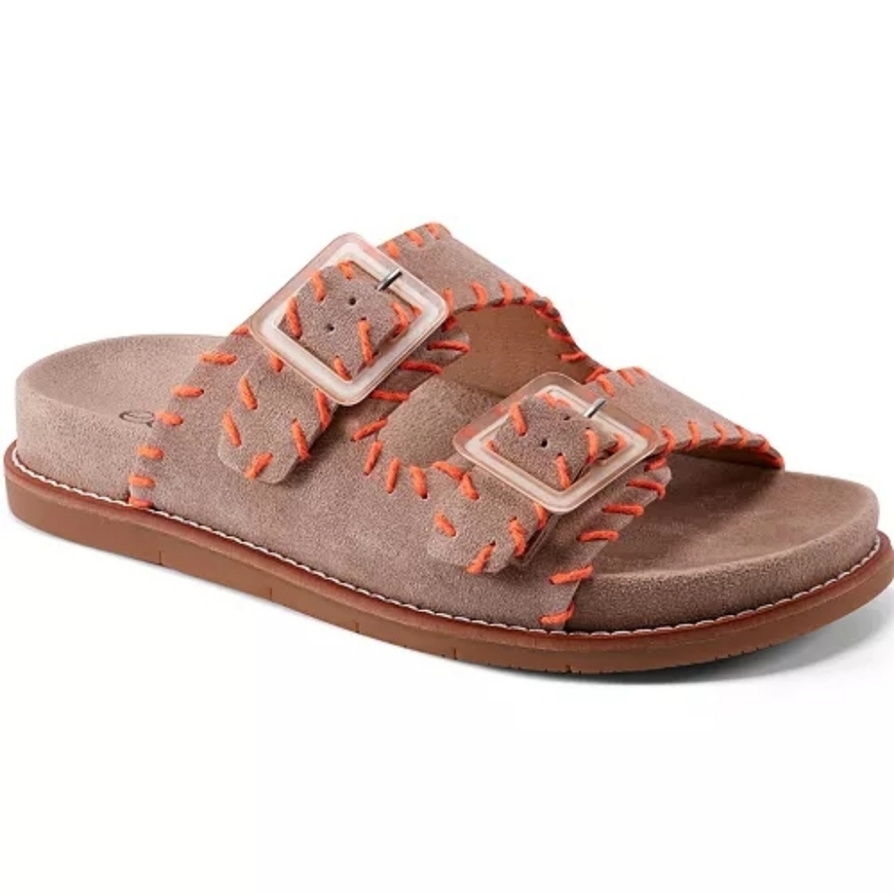 NWOT Earth Fausto Contrast Stitched Double Band Slip On Sandals Taupe Suede 9